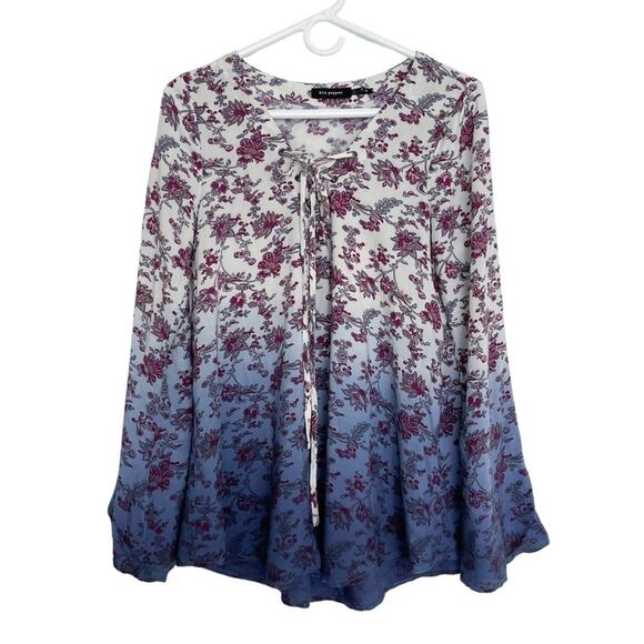 BLU PEPPER Boho Floral Lace-Up Oversize Peasant Blouse Size S Ombré - Picture 1 of 7